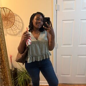 Pink Rose Sage Green Ruffle Peplum Tank Top